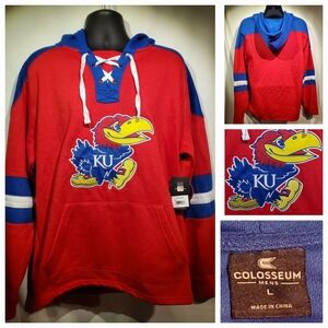 NWT Kansas Jayhawks Red and Blue Hockey Style Large Hooded Sweatshirt Hoodie